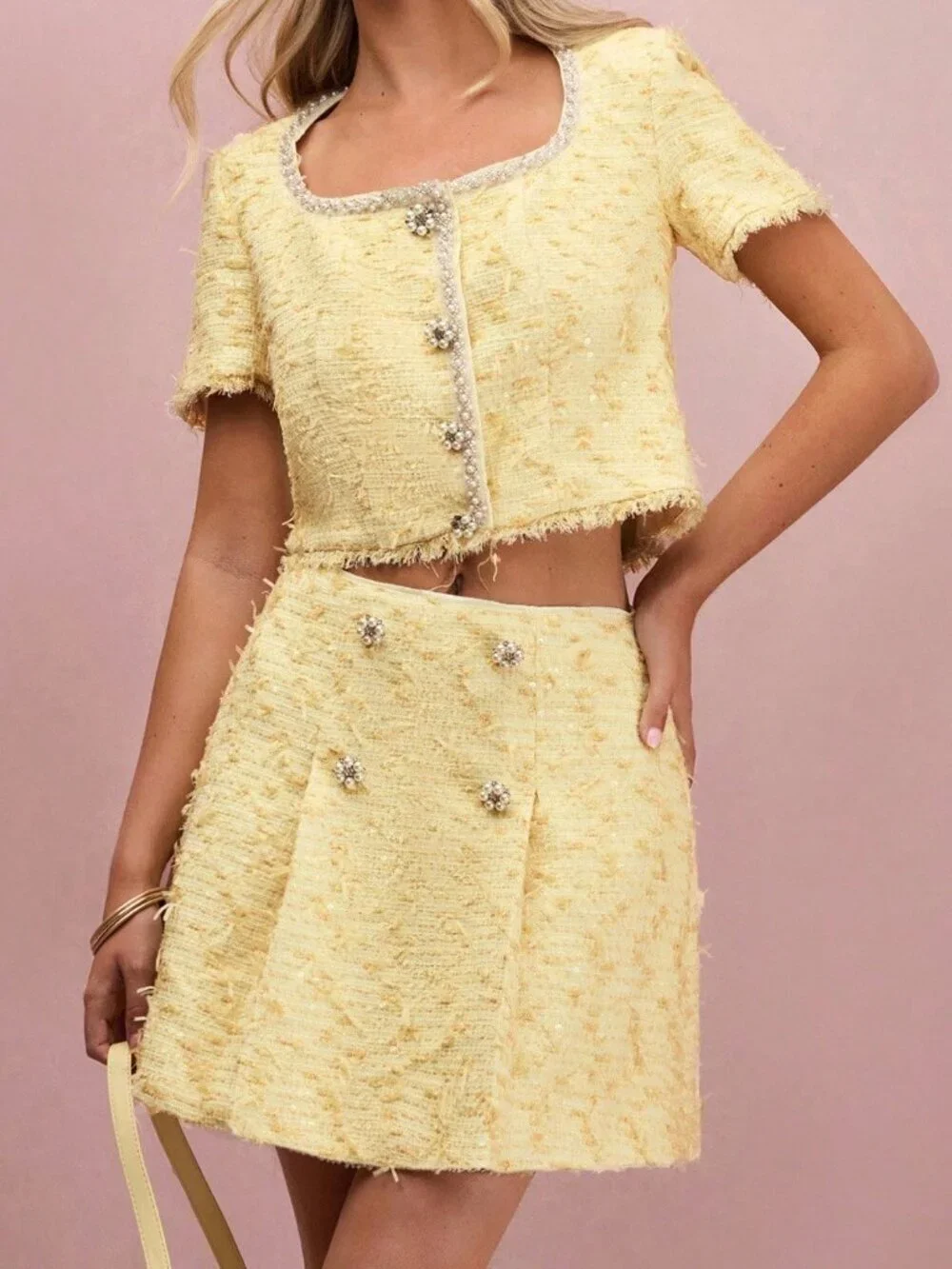 Yellow Casual Women's Tweed Pearl Short Sleeve Jacket